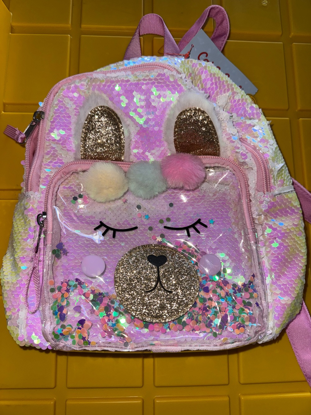 Cat & Jack Pink Sequin llama Backpack with Pom-Poms